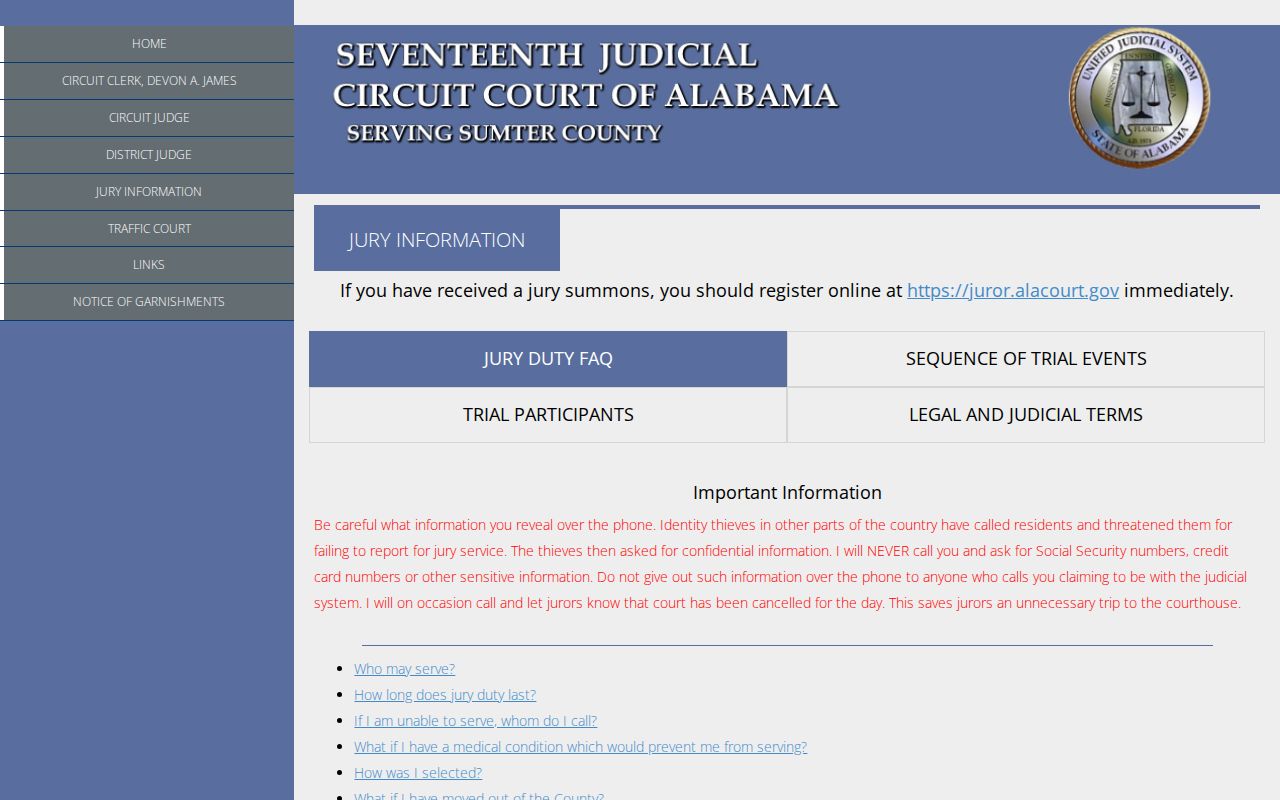 Sumter County courthouse for court docket records and hearings