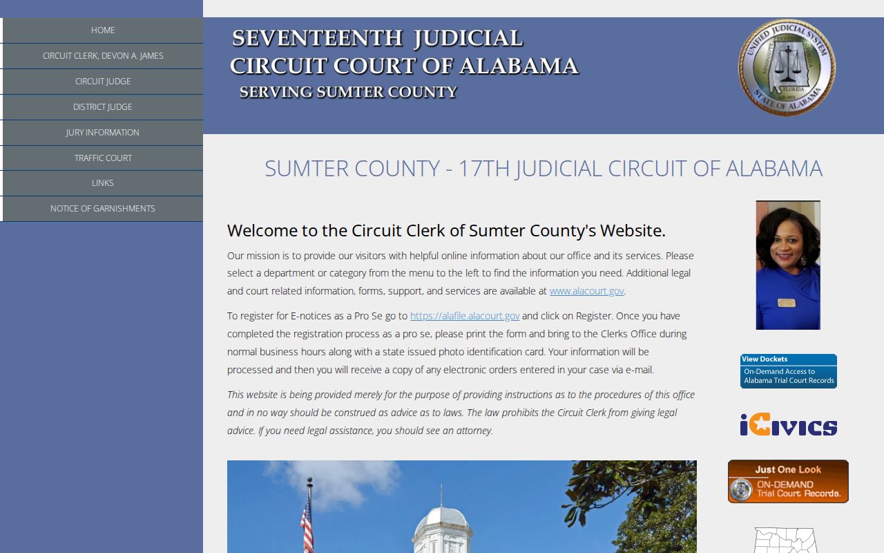 Sumter County court docket and courthouse landing page